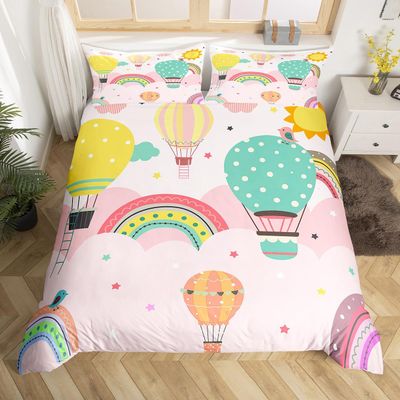 Hot Air Balloon Duvet Cover Colorful Cartoon Theme Bedding Set Cute Rainbow Comforter Cover for Boys Girls Kids Room Decor Kawaii Sky Bedspread Cover Twin Size with 1 Pillow Case(No Comforter)