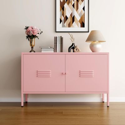 WISUNO Metal Accent Storage Cabinet for Bed Room,Living Room,Home,Hotel,Office,Garage,2-Tier, Removable Shelf (2 Door Accent Cabinet, Pink)