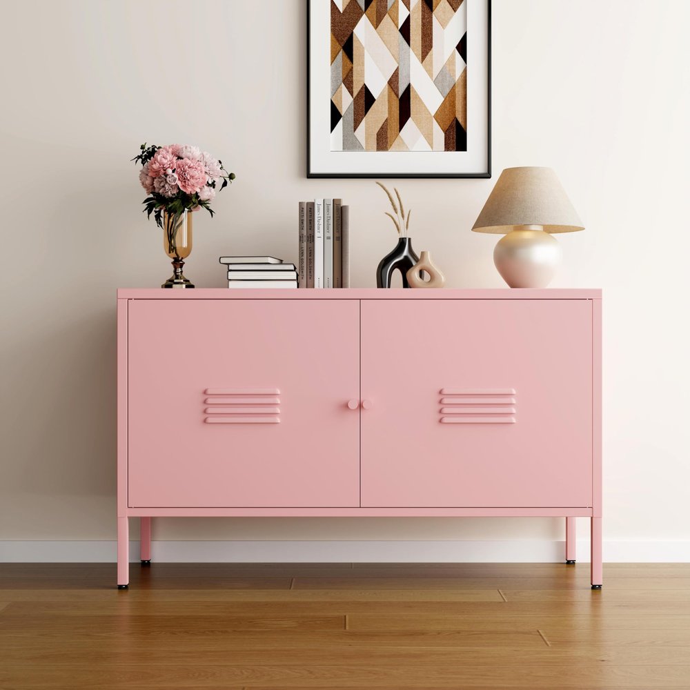 WISUNO Metal Accent Storage Cabinet for Bed Room,Living Room,Home,Hotel,Office,Garage,2-Tier, Removable Shelf (2 Door Accent Cabinet, Pink)