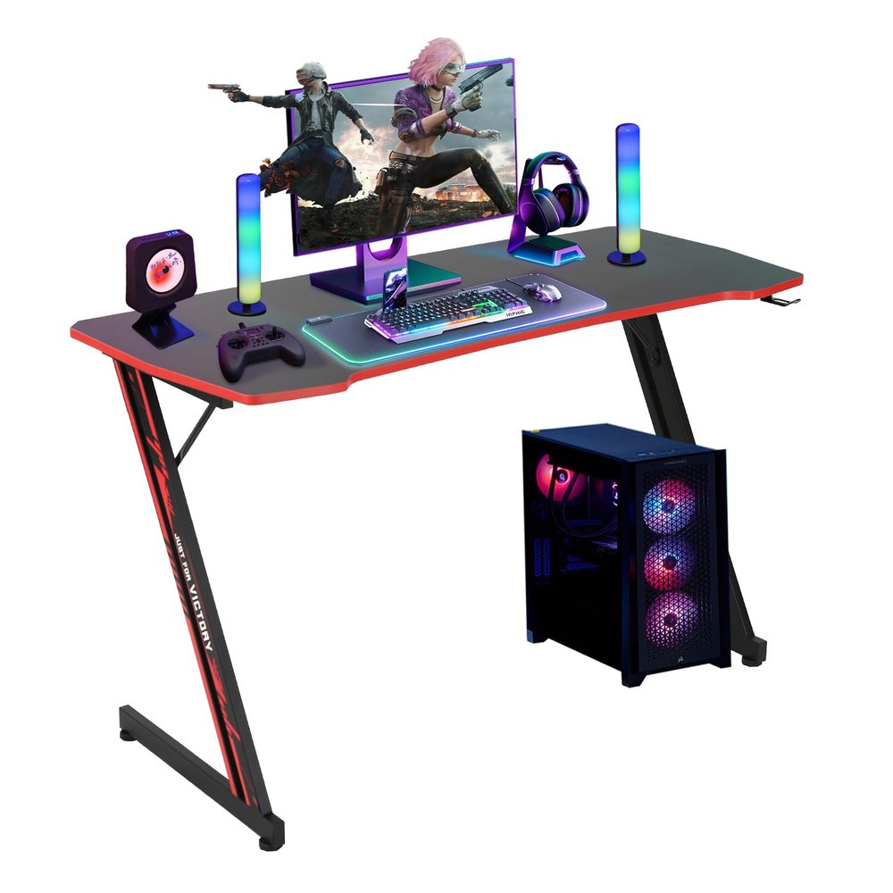 47 inch Gaming Z-Shaped Computer Desk PC Computer Table Home Office Desk Ergonomic Gamer Workstation with Headphone Hook, Red