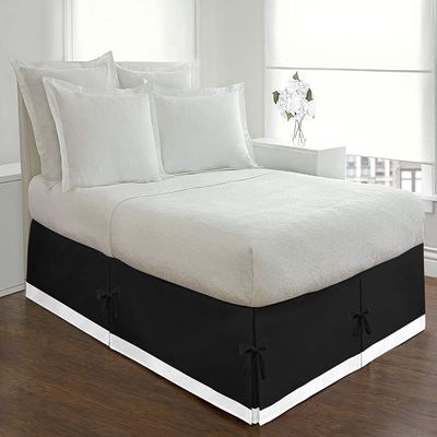 International Sheets 15 Inch Deep Pocket 1 Piece Two Tone Split Corner Tie Bed Skirt, 100% Egyptian Cotton 1000 Thread Cotton - Olympic Queen Size Solid White/Black