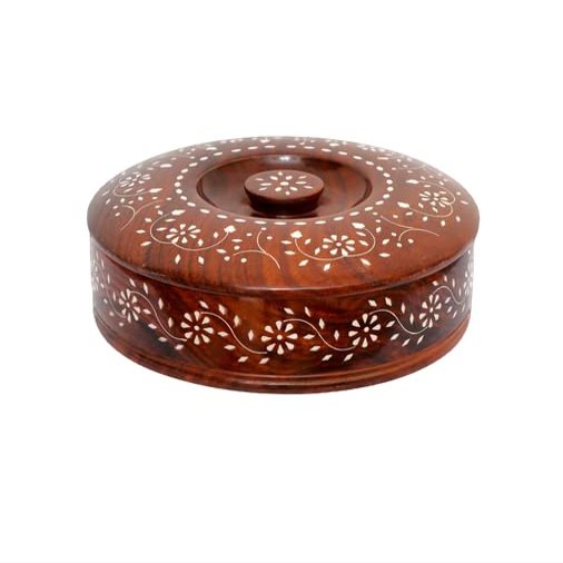 crafting with love a beautiful Wooden Handcrafted Round Spice Box / Masala Dabba with Spoon for Kitchen, Spice Container