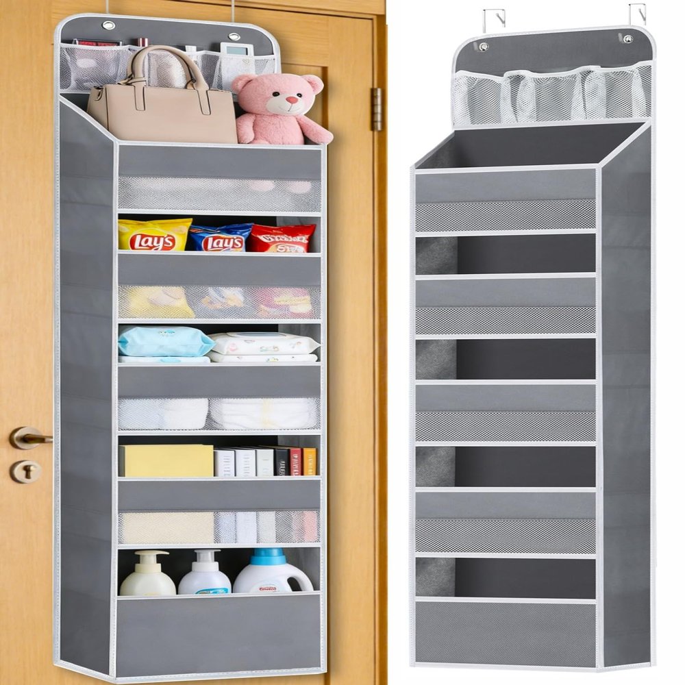 Wakaye Over Door Hanging Organizer - 5 Tier with 5 Spacious Pockets, 44 lb Load Behind Door Storage, Back of Door Hanging Holder Bag for Bedroom,Nursery,Bathroom,Dorm,Pantry, Closet - 1 Pack,Grey