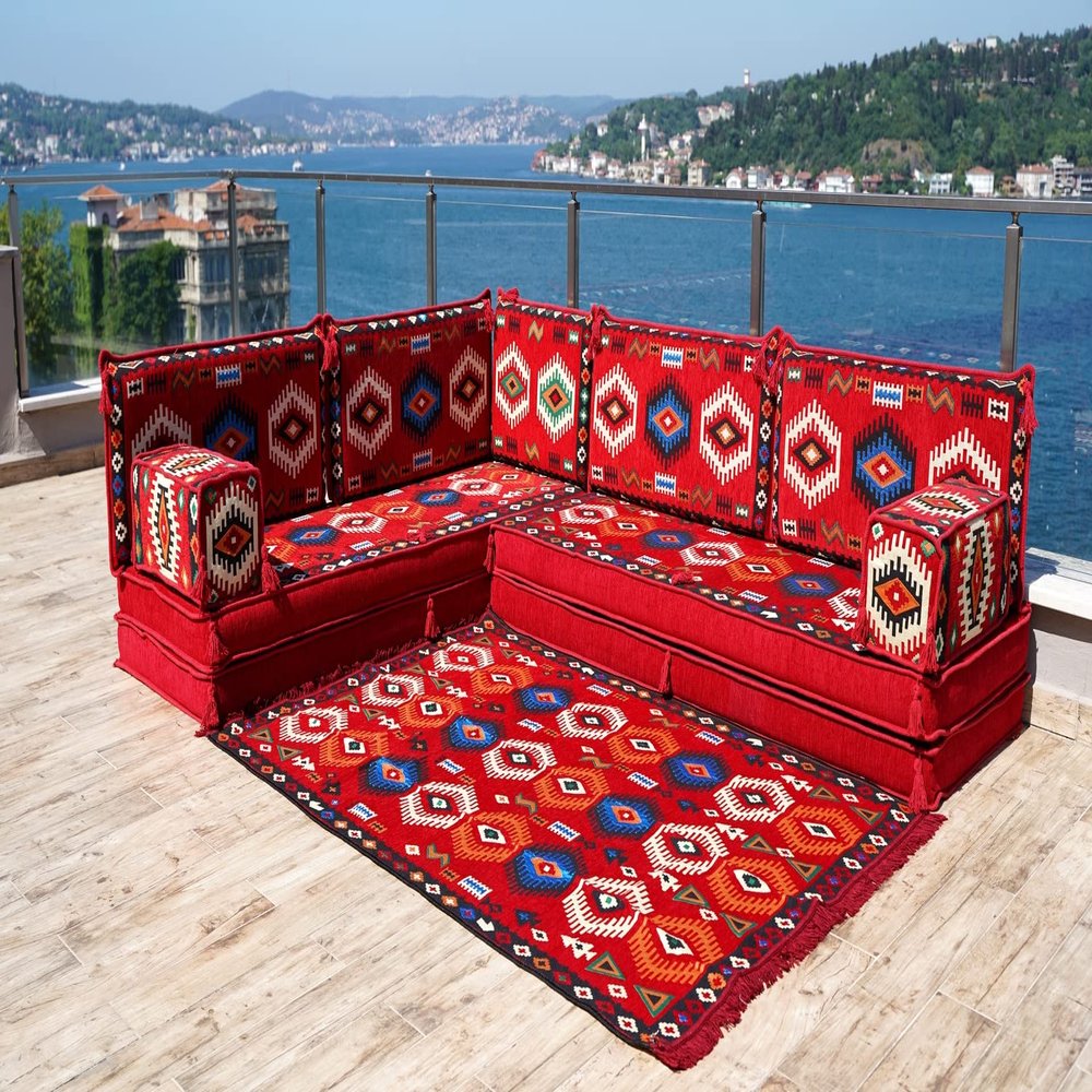 8" Thickness L Shaped Floor Couch, Moroccan Livingroom Cushions, Corner Floor Cushions, Sectional Sofa Set, Floor Pillows, Arabic Majlis, Sofa Bed (L Sofa + Rug)