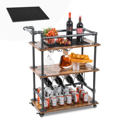 AA Products Inc. Industrial Bar Cart for Home, 3-Tier Bar Serving Cart with Wheels, Lockable Casters, Beverage Cart with Wine Rack and Glass Holder