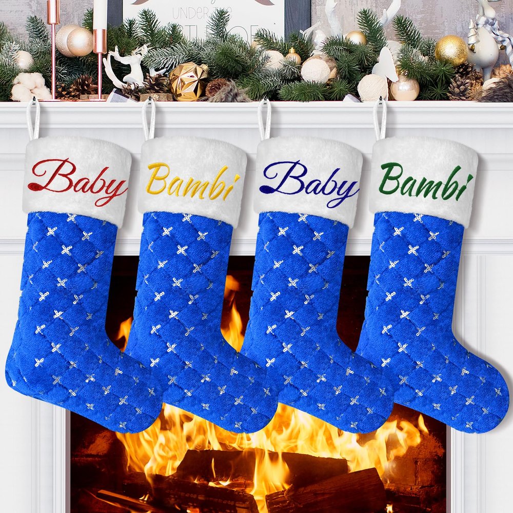 DegGod 6 Pack Custom Christmas Stockings with Names, 22 inches Personalized Embroidery Faux Fur Blue Xmas Stockings with Silver Sequins Hanging Ornaments for Xmas Tree Party Decoration