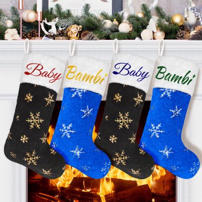 DegGod 6 Pack Custom Christmas Stockings with Names, 22 inches Personalized Embroidery Faux Fur Black Blue Xmas Stockings with Gold Silver Snowflakes Hanging Ornaments for Xmas Tree Party Decoration