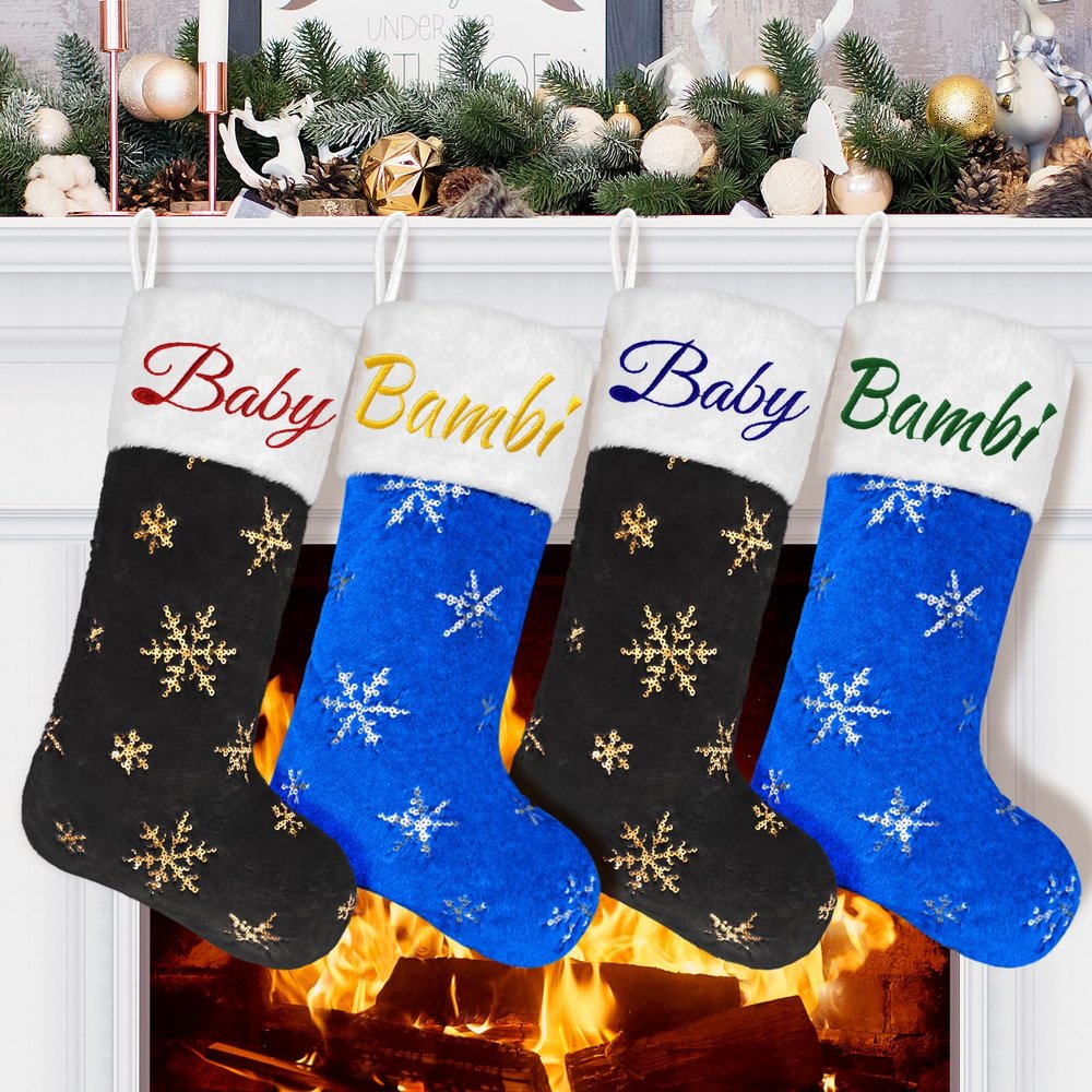 DegGod 6 Pack Custom Christmas Stockings with Names, 22 inches Personalized Embroidery Faux Fur Black Blue Xmas Stockings with Gold Silver Snowflakes Hanging Ornaments for Xmas Tree Party Decoration
