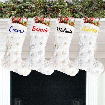 DegGod 6 Pack Custom Christmas Stockings with Names, 22 inches Personalized Embroidery Faux Fur White Xmas Stockings with Gold or Silver Snowflakes Hanging Ornaments for Xmas Tree Party Decoration