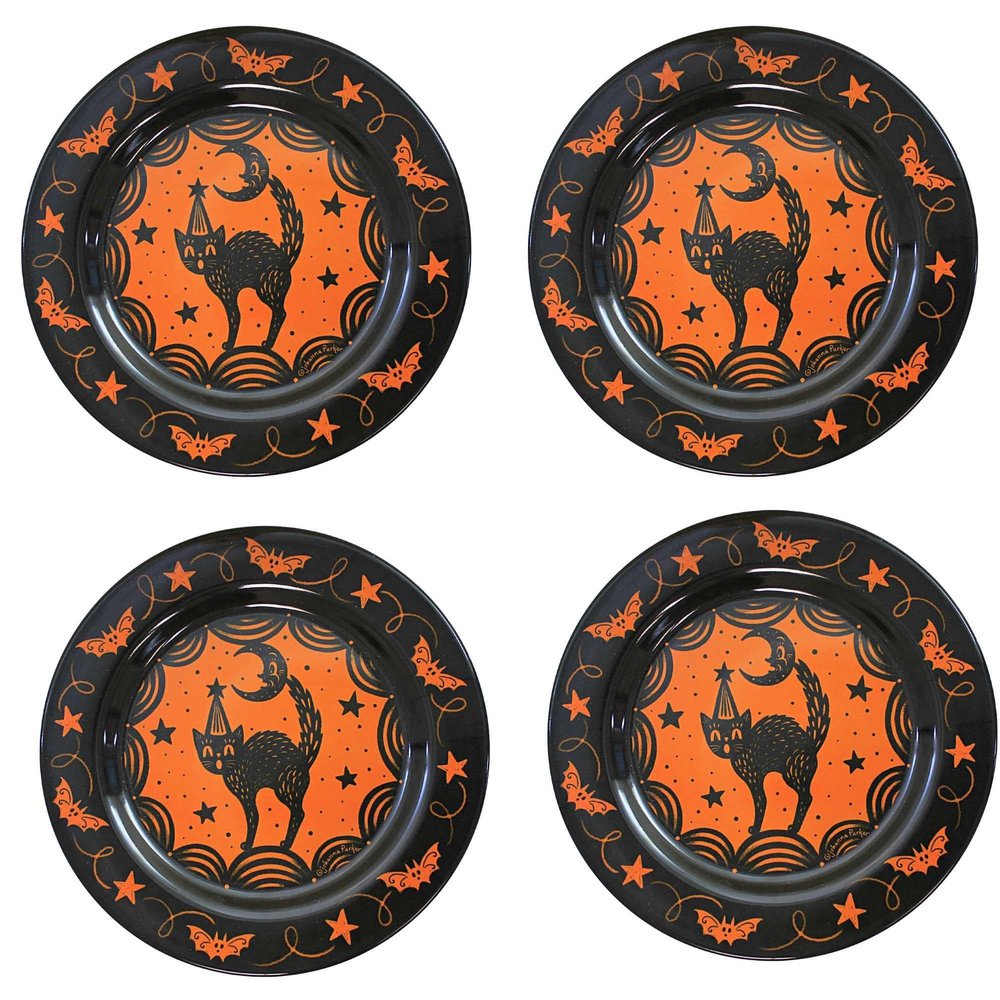Bethany Lowe Johanna Parker Halloween Scaredy Cat Plates, Set of 4, Black, (JP1039)