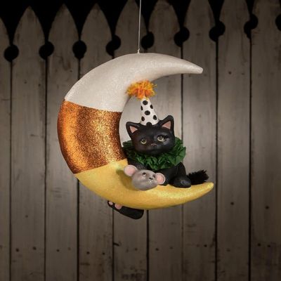 Bethany Lowe Party Kitty On Candy Corn Moon Large, TD1193
