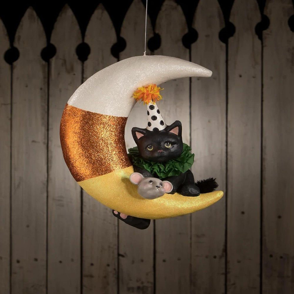 Bethany Lowe Party Kitty On Candy Corn Moon Large, TD1193