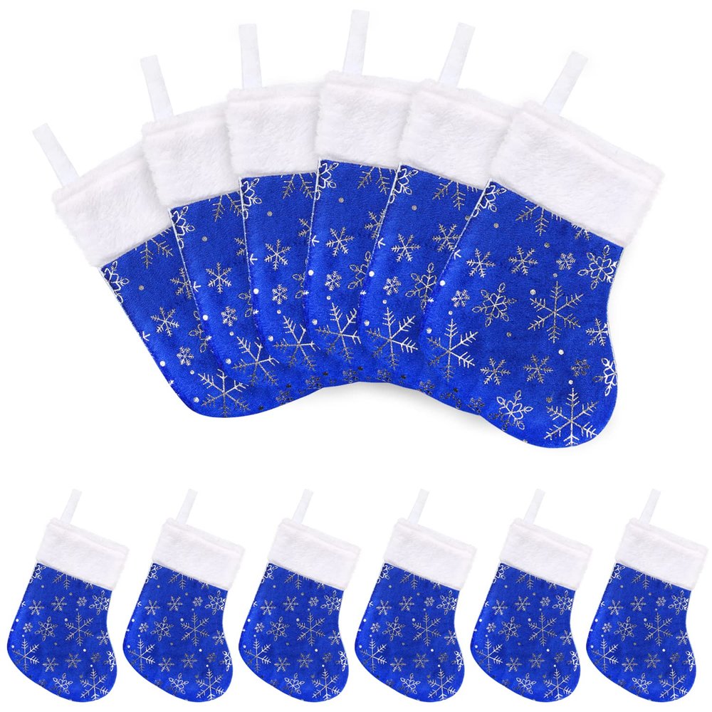 CCINEE Christmas Mini Stockings, 12pcs 9 Inches Glitter Silver Snowflake Blue Print with Plush Cuff Classic Stocking Decorations for Xmas Festive Gifts Home Fireplace Decor