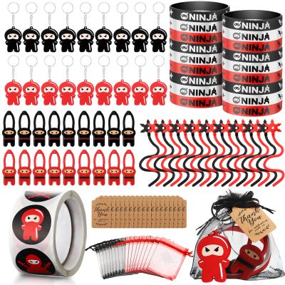 HyDren 109 Pcs Ninja Party Favors for 18 Guests Include Ninja Slingshot Sticky Stretch Toys Rubber Keychains Silicone Wristband Stickers Organza Bag Thank Tags for Birthday Party Supplies