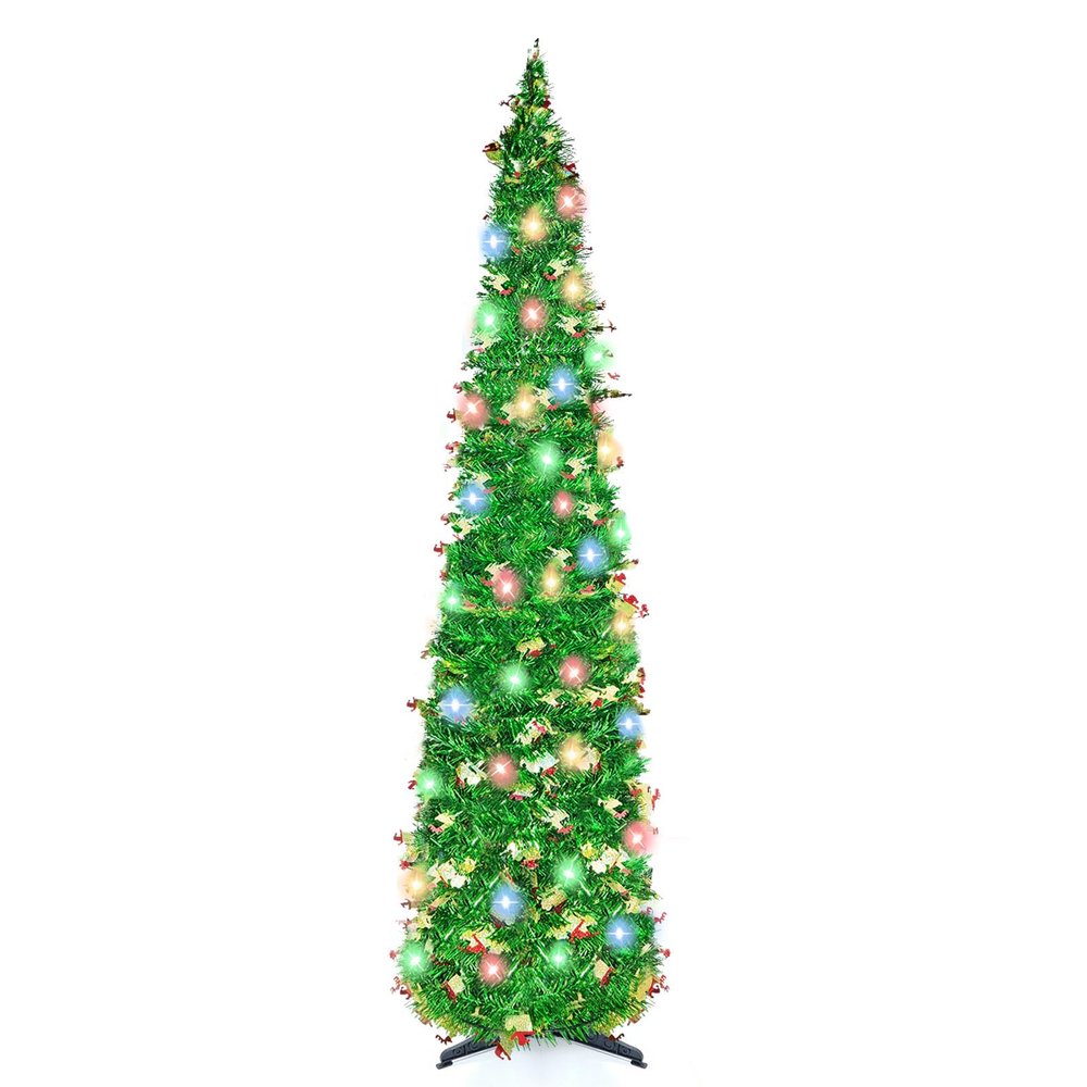 5FT Pop Up Christmas Tree with 90 LED Lights, Collapsible Christimas Tree Sled Sequins Tinsel Slim Pencil Christmas Xmas Tree for Home Holiday Fireplace Party Indoor Outdoor Decorations, Green