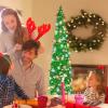 5FT Pop Up Christmas Tree with 90 LED Lights, Collapsible Christimas Tree Sled Sequins Tinsel Slim Pencil Christmas Xmas Tree for Home Holiday Fireplace Party Indoor Outdoor Decorations, Green view 3