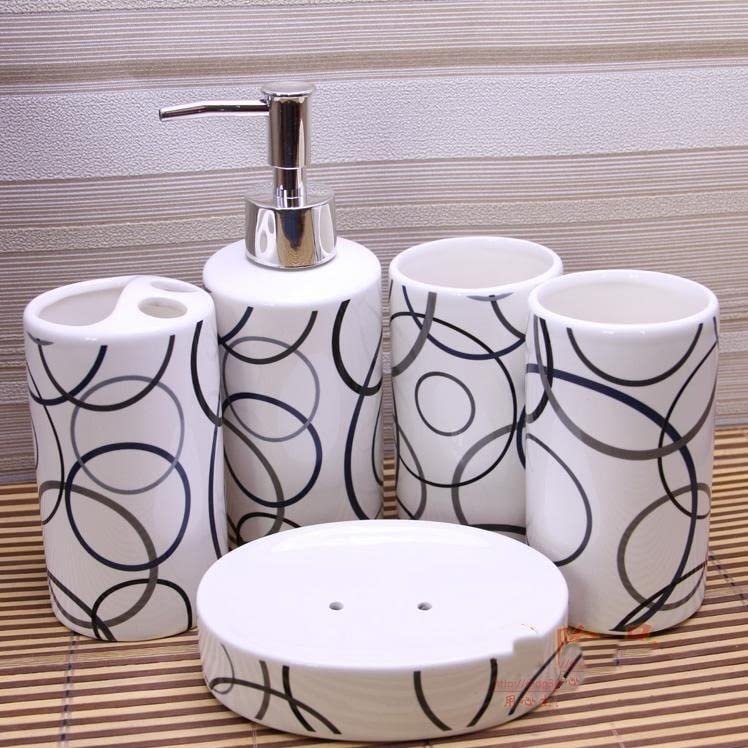 YQBUER European-Style Ceramic Bathroom Five-Piece wash Set Creative Bathroom Supplies Toothbrush Cup soap Dish Lotion Bottle (Color : B)
