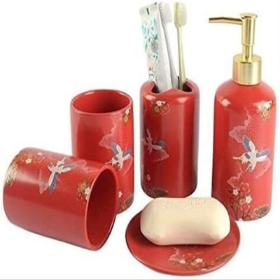 YQBUER Home Bathroom Accessories Set Bathroom Accessories Set Red Oriental Elements Ceramics Ideal for Gift Decor Bathroom Set Suitable for Hotel bathrooms