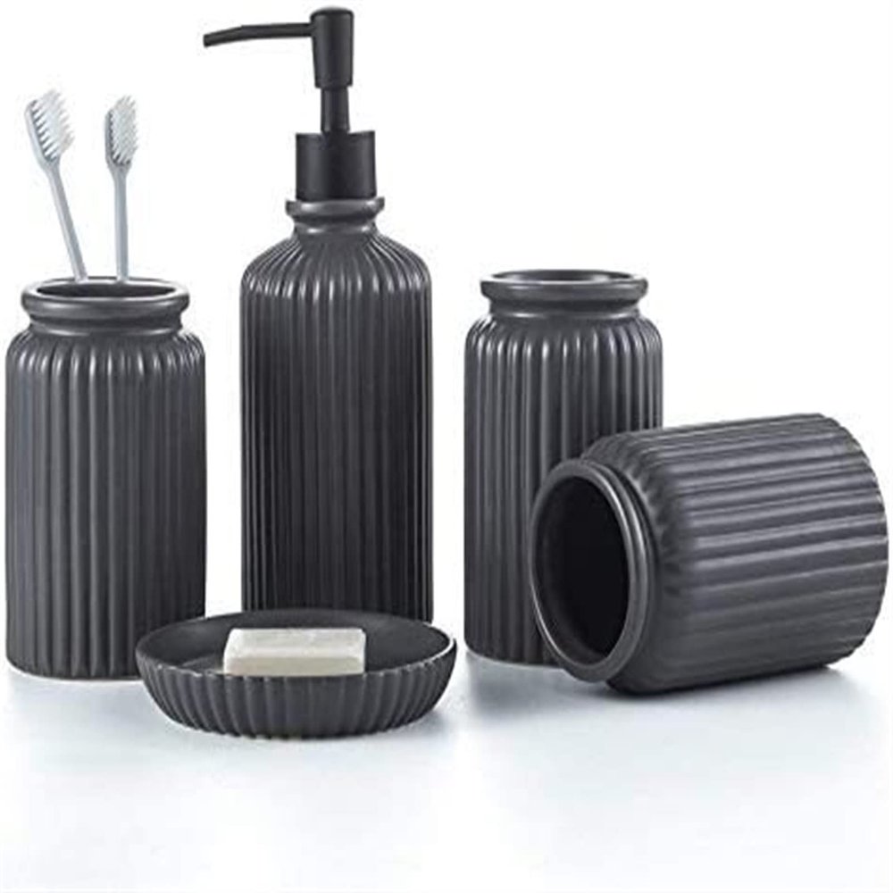 YQBUER Home Bathroom Accessories Set Bathroom Accessories Set 5 Piece Ceramic Bath Set Toothbrush Holder Soap Dispenser Soap Dish 2 Tumblers Suitable for Hotel bathrooms