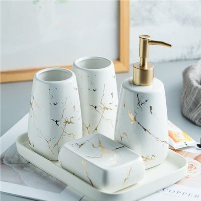 YQBUER Nordic Ceramic INS Bathroom wash Set Light Luxury Marble Pattern Series Bathroom Model Room Decoration Bathroom (Color : B, Size : 5 Piece Set)