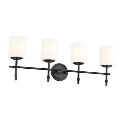 Kichler Ali 4 Light Bathroom Vanity Light in Black with Satin Etched Glass Shades for use in Bathrooms and Powder Rooms, 52143BK