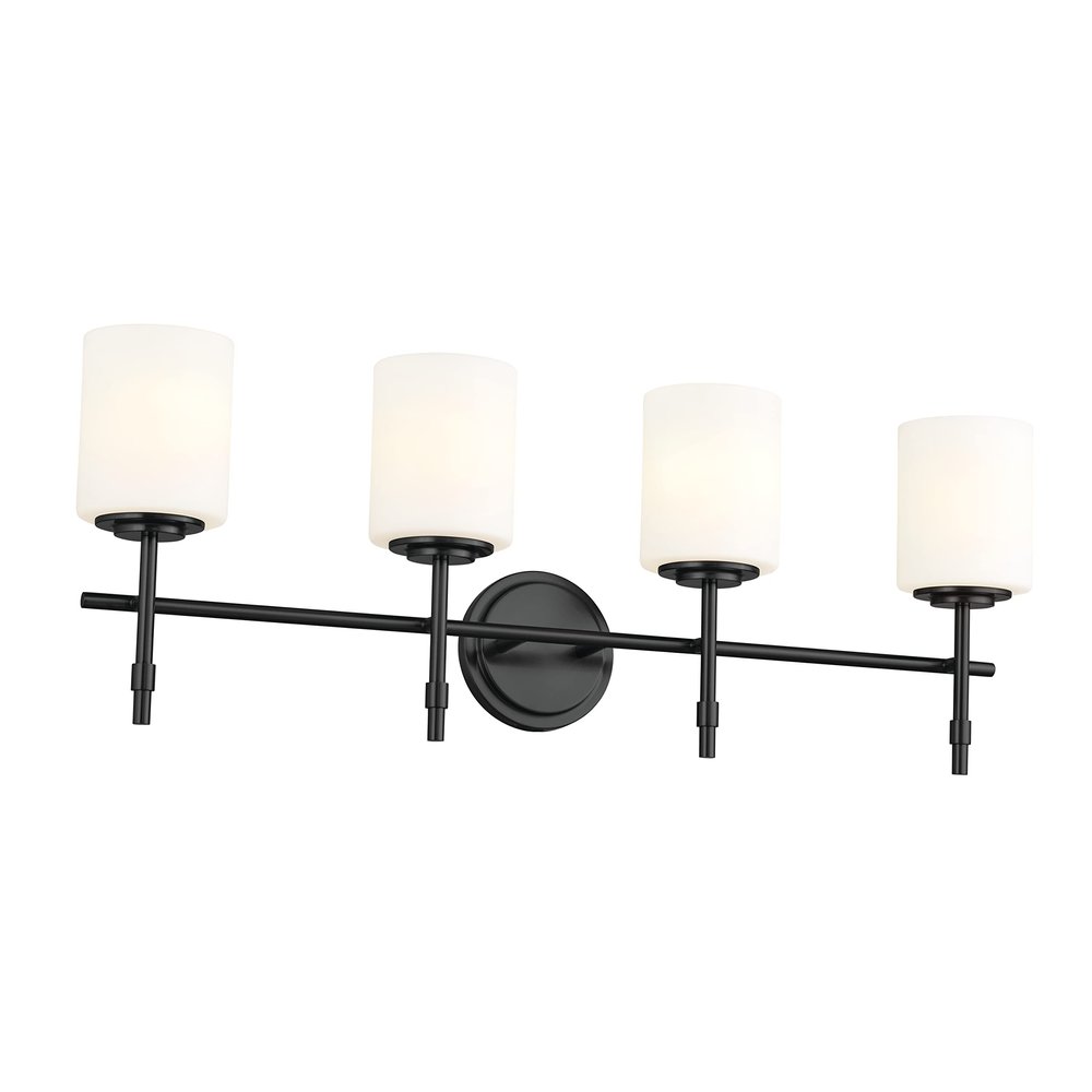 Kichler Ali 4 Light Bathroom Vanity Light in Black with Satin Etched Glass Shades for use in Bathrooms and Powder Rooms, 52143BK