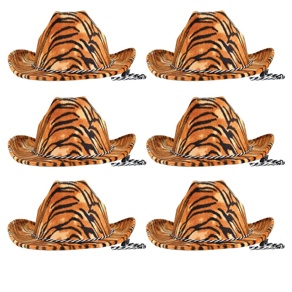 Beistle Tiger Print Cowboy Hats, 6 Pieces One Size Fits Most, Adjustable Chin Strap, Safari Party Supplies, Halloween Costume Dress Up, Safari Hat, Safari Birthday Hats, Fun Animal Hats