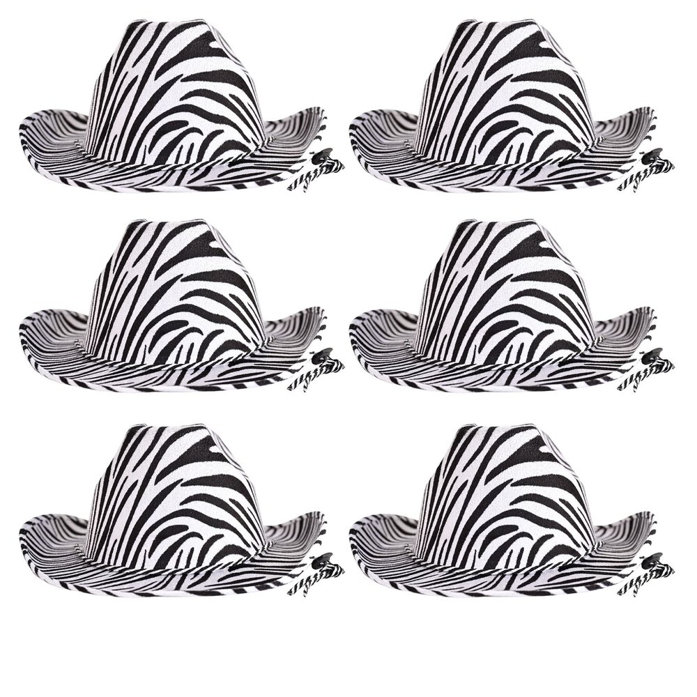 Beistle Zebra Print Cowboy Hats - 6 Pack Black and White Stipe Safari Party Headwear with Adjustable Chin Strap, Wild Animal Party Supplies, Halloween Costumes, African Themed Photo Props, Adult Size