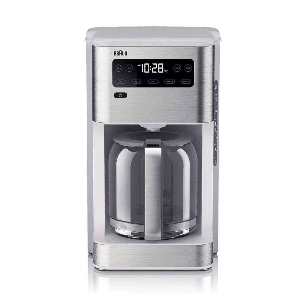 Braun PureFlavor 14Cup Programmable Coffee Maker  Fast Brew Speed, Touch Display, Bold & BrewOverIce Modes, FlavorCarafe & Adjustable Warm Plate, White