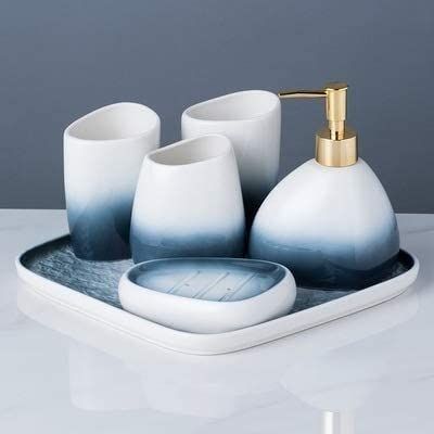 Home Bathroom Accessories Set Ceramic Tray Bathroom Accessories Bathroom Set Gradient Gray Blue Wash Set Mouthwash Cup Lotion Bottle Tray Suitable for Hotel bathrooms (Color : C)