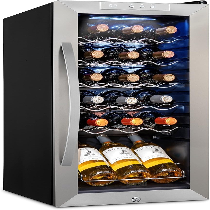 SCHMCK 18 Bottle Compressor Wine Cooler Refrigerator w/Lock - Large Freestanding Wine Cellar For Red, White, Champagne or Sparkling Wine - 41f-64f Digital Temperature Control Fridge Stainless Steel