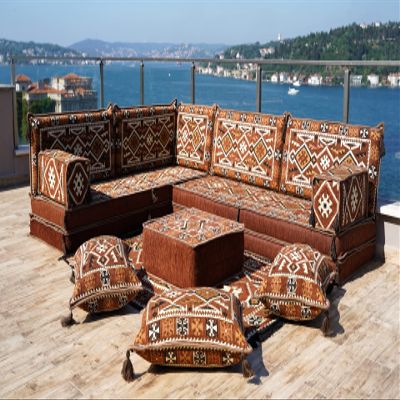 8" Thickness Brown Corner Floor Seating Set, Pallet Cushion Set, Modular Design Floor Cushion, Garden Sofa Set, Indoor Sofa Set, Futon Sofa Bed (L Sofa Full Set)