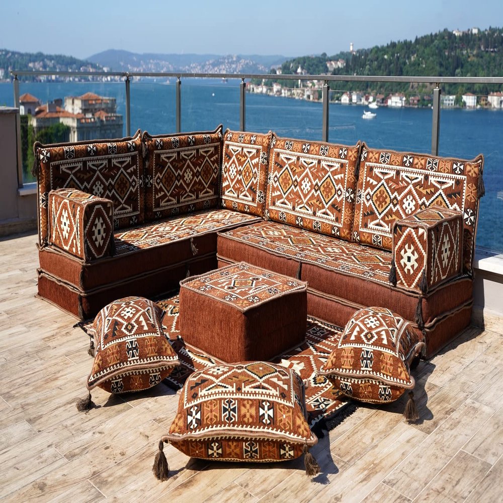 8" Thickness Brown Corner Floor Seating Set, Pallet Cushion Set, Modular Design Floor Cushion, Garden Sofa Set, Indoor Sofa Set, Futon Sofa Bed (L Sofa Full Set)