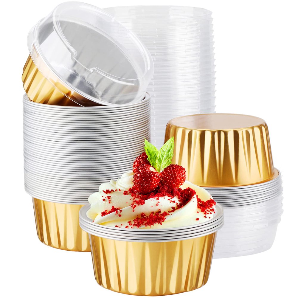 EUSOAR Disposable Ramekins Aluminum Foil, Gold 60Packs 5oz Baking Cups with Lids Mini Muffin Liners, Dessert Cheesecake Pan Creme Brulee Cupcake Containers for Catering Gathering Club Wedding Party