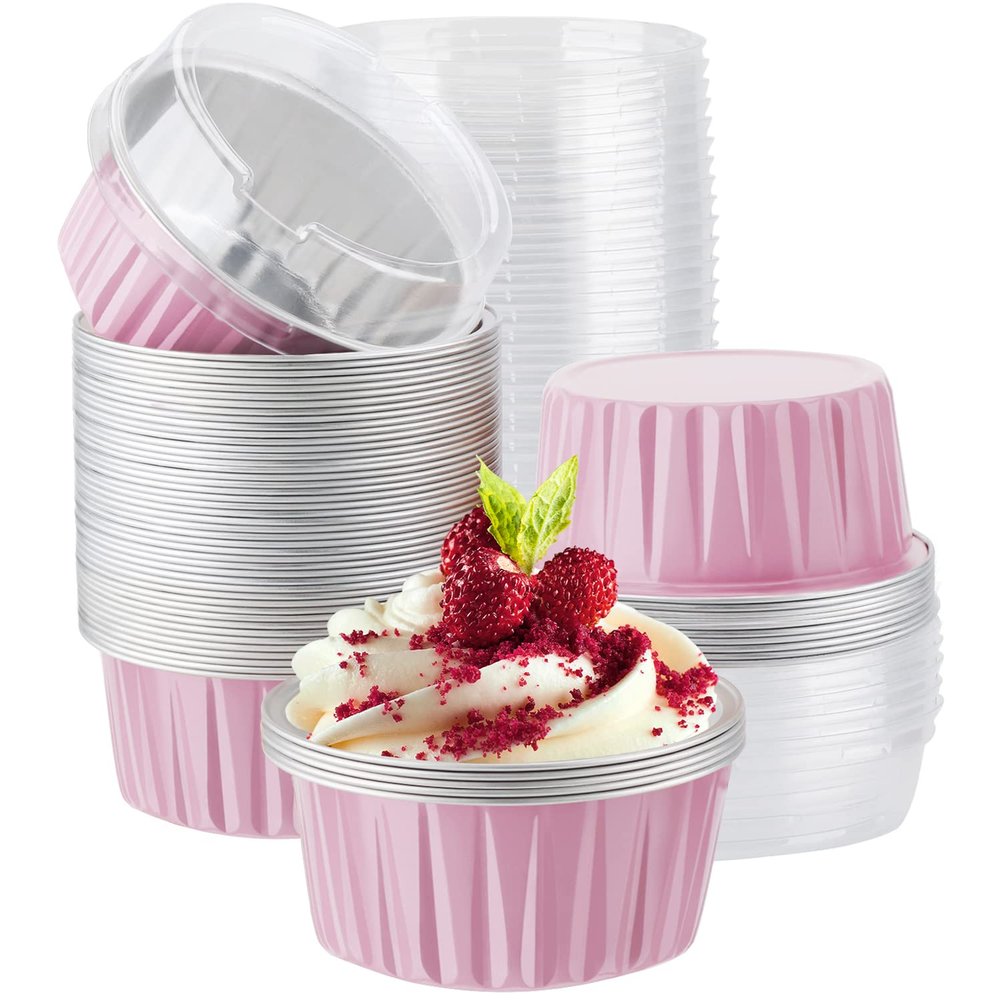 EUSOAR Baking Cups with Lids, Pink 60Packs 5oz Disposable Aluminum Foil Mini Muffin Liners, Dessert Cheesecake Pan Creme Brulee Cupcake Ramekins Containers for Catering Gathering Club Wedding Party