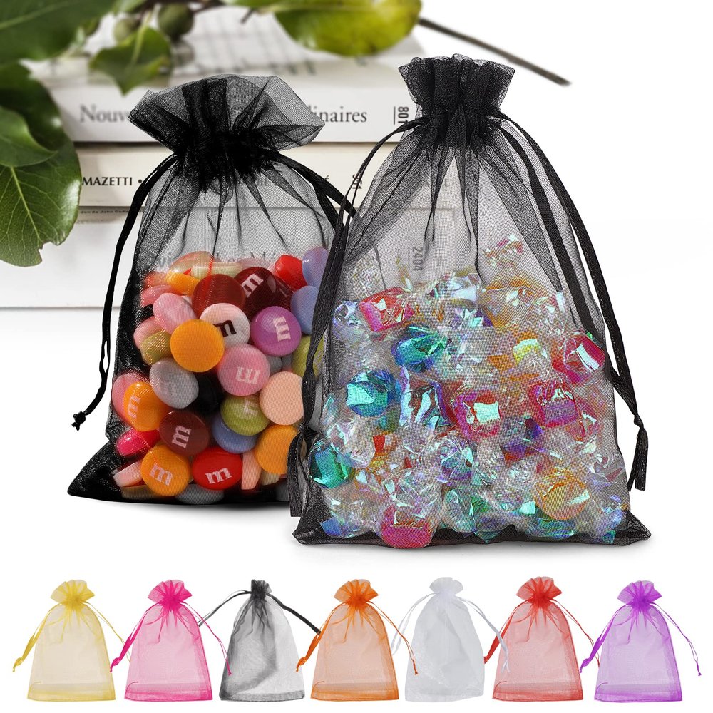 ANZNKU 100 Pack Organza Bags 5 x 7 inch, Premium Black Favor Bags with Drawstring for Halloween, Sheer Mesh Bag, Gift Bag Small Size, Mesh Pouches Drawstring Packaging Pouches for Wedding Party