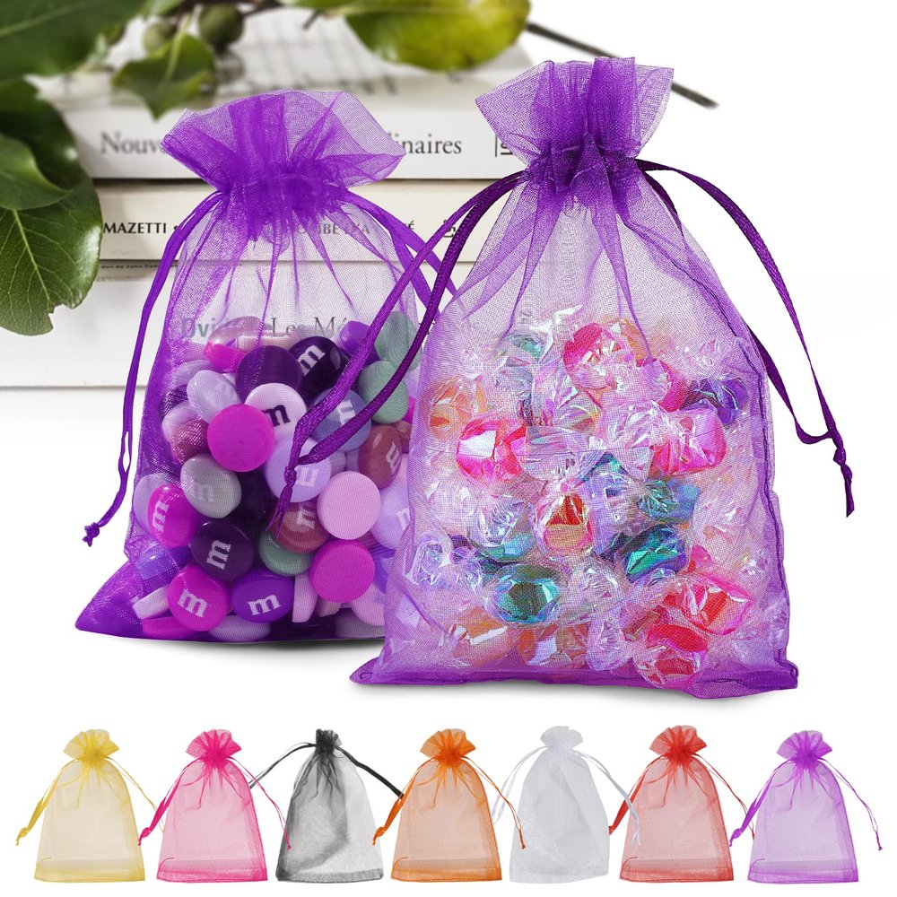 ANZNKU 100PCS Premium Purple Organza Bags 5x7 inches Mesh Bags Drawstring, Gift Bag Small Size for Halloween, Organza Favor Bag