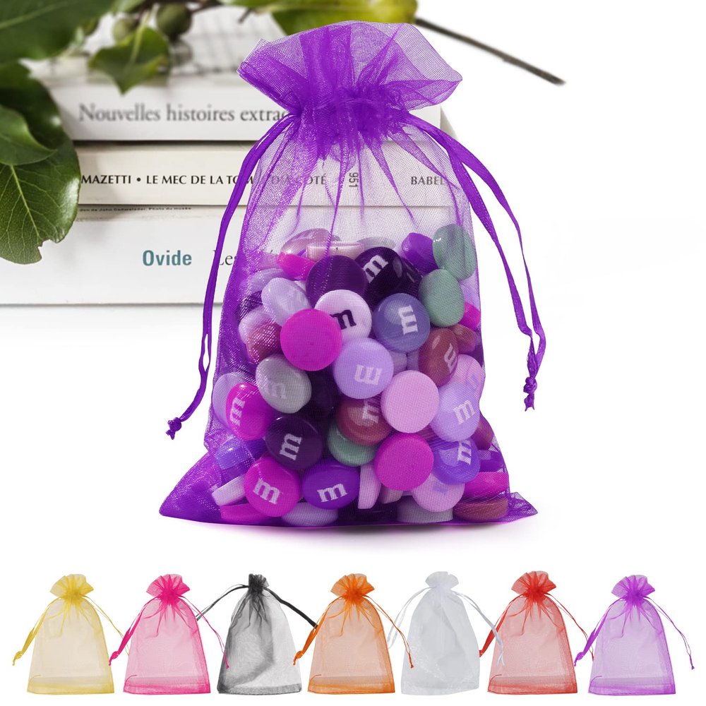 ANZNKU 50Pcs Purple Organza Bags 5x7 Inch, Small Mesh Gift Bag for Jewelry Candy Sachet Craft, Small Mesh Bags with Drawstring for Party Wedding Favor & Halloween