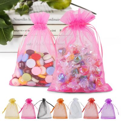 ANZNKU 100PCS Sheer Pink Organza Bags 5x7 inch Mesh Bags Drawstring, Small Mesh Gift Bag for Makeup, Mesh Bag Drawstring, Organza Favor Pouches for Party Wedding Mesh Festival