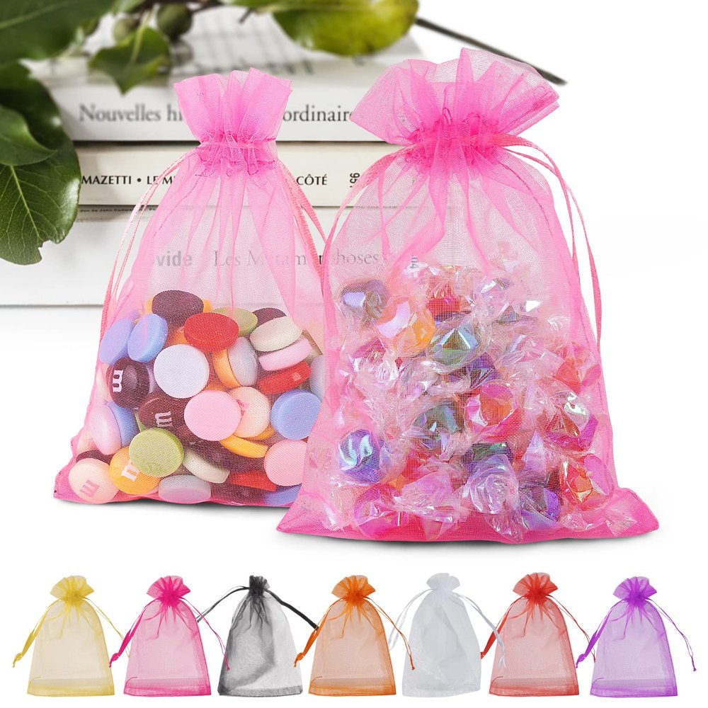 ANZNKU 100PCS Sheer Pink Organza Bags 5x7 inch Mesh Bags Drawstring, Small Mesh Gift Bag for Makeup, Mesh Bag Drawstring, Organza Favor Pouches for Party Wedding Mesh Festival