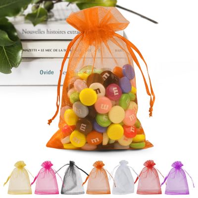 ANZNKU 50 Pack Organza Bags 5 x 7 Inch, Orange Sheer Favor Bags Drawstring for Jewelry, Small Mesh Gift Bags for Wedding & Halloween Candy Party Favors