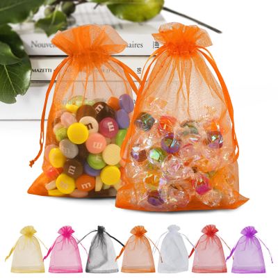 ANZNKU 100PCS Orange Organza Bags 5x7 inches Mesh Bags Drawstring, Gift Bag for Halloween, Wedding Mesh Festival Makeup Organza Party Favor Bag, Sheer Mesh Pouches Drawstring