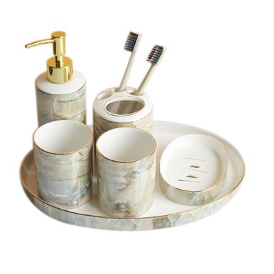YQBUER Home Bathroom Accessories Set Ceramic Bathroom Accessories Set Portable Soap Dispenser Toothbrush Holder Soap Dish Bath Supplies Suitable for Hotel bathrooms (Color : A)