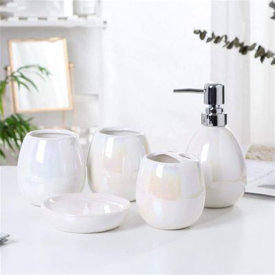 YQBUER Home Bathroom Accessories Set Five Piece Bathroom Accessories Set Ceramic Liquid Soap Dispenser Supplies Gargle Cup Soap Dish Toothbrush Holder Suitable for Hotel bathrooms
