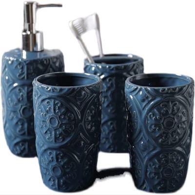 YQBUER Home Bathroom Accessories Set Bathroom Accessories Sets Ceramic Embossed Wash Set Blue Nordic Bathroom Products Five-Piece Bathroom Suitable for Hotel bathrooms