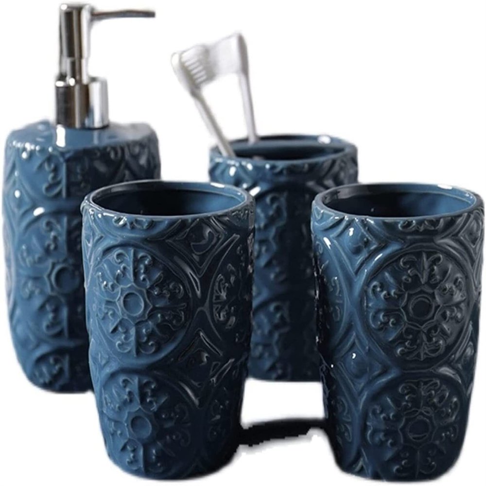 YQBUER Home Bathroom Accessories Set Bathroom Accessories Sets Ceramic Embossed Wash Set Blue Nordic Bathroom Products Five-Piece Bathroom Suitable for Hotel bathrooms