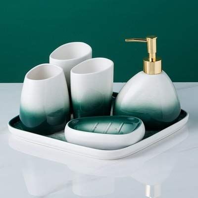 YQBUER Home Bathroom Accessories Set Ceramic Tray Bathroom Accessories Bathroom Set Gradient Gray Blue Wash Set Mouthwash Cup Lotion Bottle Tray Suitable for Hotel bathrooms (Color : B)