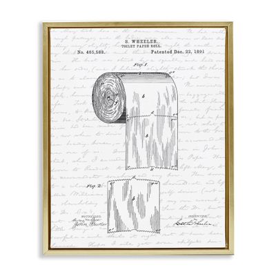 Stupell Industries Toilet Paper Roll Patent Black And White Bathroom Design, Design by Lettered and Lined, Gold Floater Framed, 24 x 30