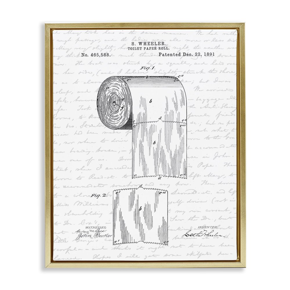 Stupell Industries Toilet Paper Roll Patent Black And White Bathroom Design, Design by Lettered and Lined, Gold Floater Framed, 24 x 30