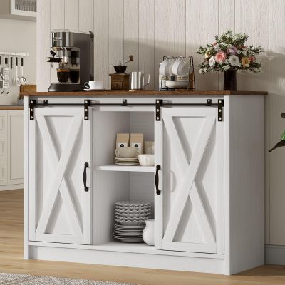 4 EVER WINNER Coffee Bar Cabinet with Sliding Barn Doors, 42Farmhouse Buffet Cabinet with Storage for Kitchen, Coffee Bar with Adjustable Shelf for Dining Room, White